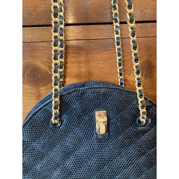 Lou-Rexx Vintage Quilted Snakeskin Round Chain Strap Handbag Black Loehmann's - Picture 14 of 14